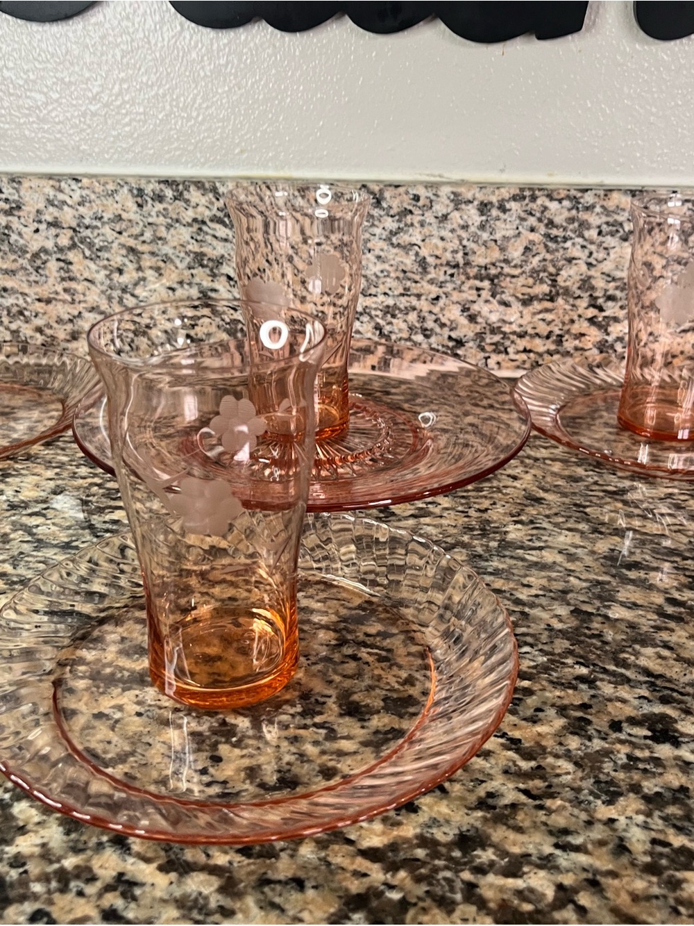 Vintage Rose Pink Etched Glass Dessert Plate and Tumbler Set